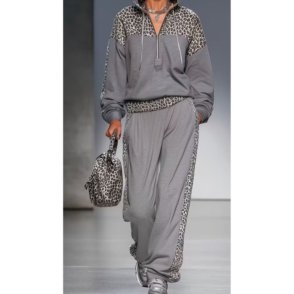Women two piece set Size Large GRAY animal hooded sweatshirt and pants